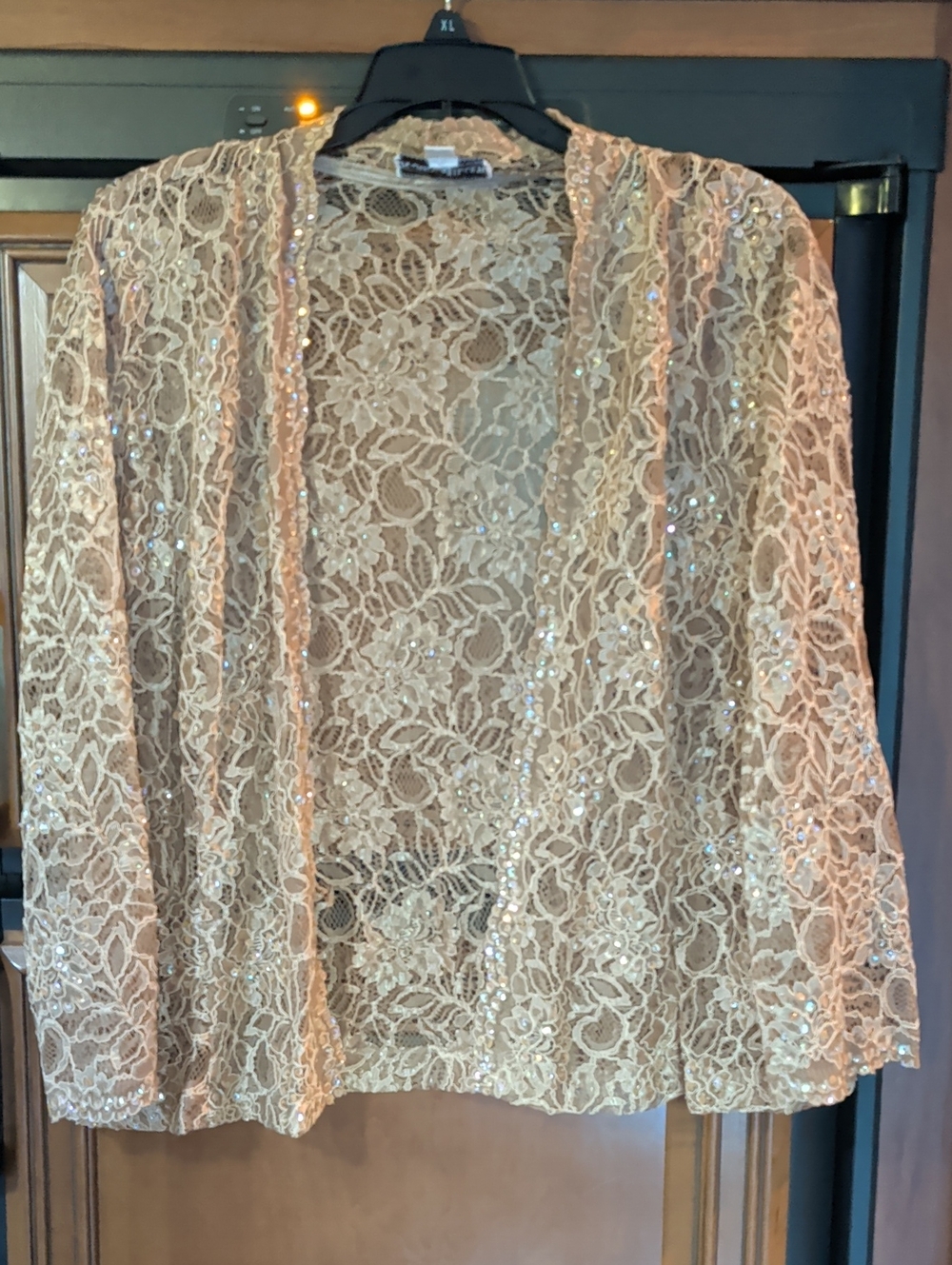 Sequin Lace Open-Front Shrug - Nude/Champagne